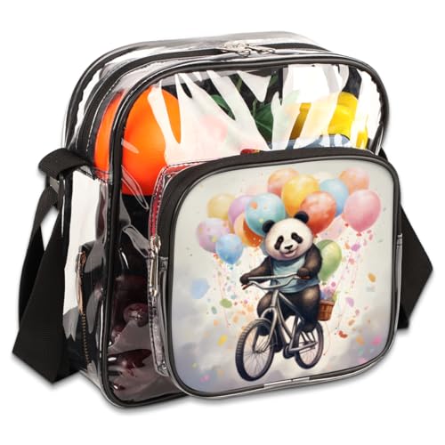 Clear Crossbody Bag Stadium Approved Panda On Bike Transparent Bag for Festivals, Sports Events, Concerts,Beach Bag for Women Men Balloon Clear Purse with Front Pocket Messenger Bag