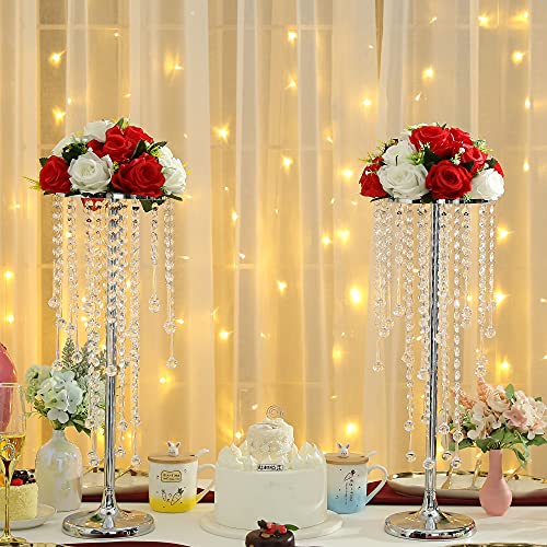 Wedding Centerpieces Stands for Tables Gold Tall Metal Flower Candle Holder Stand with Crystals Set of 2 Event Lead Road Candleholders for Wedding Party Dinner Table Decor (Siliver/21.6”) - Image 3