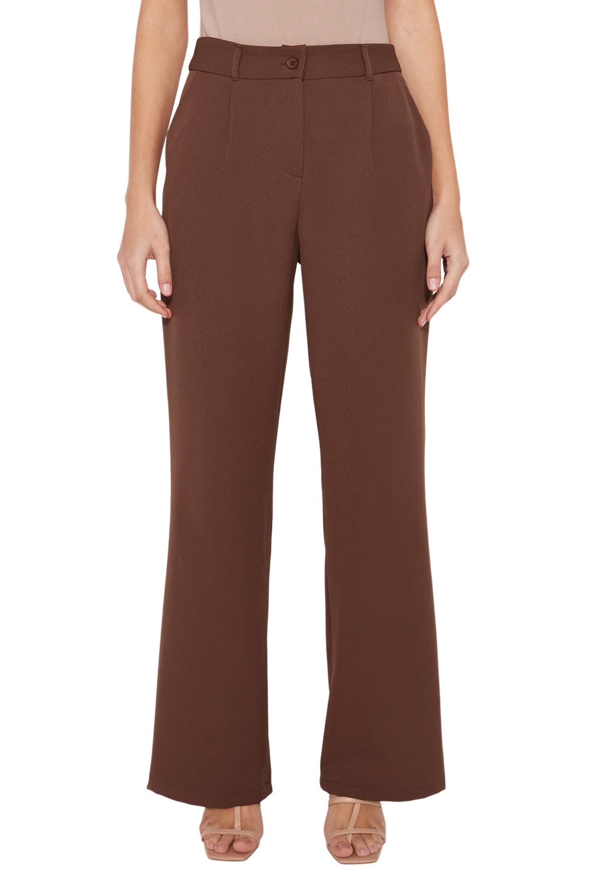 Trendyol Damen Dunkelbraun Woman Basics Normal Waist Wide Leg Wide Leg Trousers Hose,