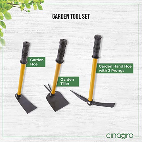 Image of Cinagro (Set of 3) Gardening Tool Set, Heavy-Duty Metal Construction, Rust-Free, Garden Hoe, Garden Tiller & Garden Hand Hoe with 2 Prongs (Yellow)
