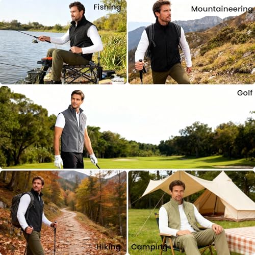 Image of Mens Vests Outerwear Windproof Lightweight Softshell Sleeveless Jacket | Breathable Zip Up Multi-Pockets Quick Dry Sports Vest for Golf Hiking Fishing Running