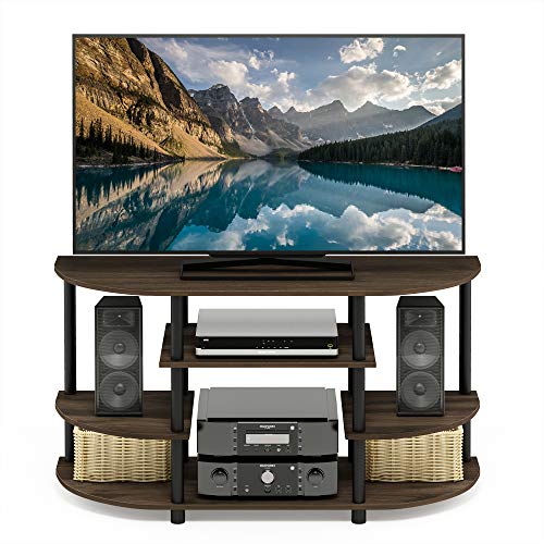 Image of Furinno JAYA Simple Design Corner TV Stand, Columbia Walnut /Black | Open Shelf Design Corner Entertainment Center, TV Console, Round Corner, for Living Room, Bedroom