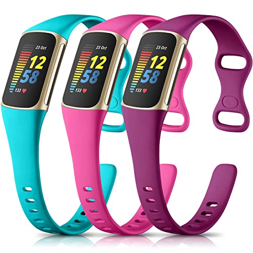 Maledan Sport Band Compatible with Fitbit Charge 5 Bands/Charge 6 Bands for Women Men, Waterproof Silicone Slim Thin Wristband Replacement for Fitbit Charge 5 Fitness Tracker, 3 Pack Fuchsia/Rose/Teal