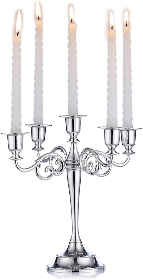 Nuptio Silver Candelabra Candle Holder - Candlestick Holders 5-arm 27cm Tall Candle Stick Stands for Taper Candles for Wedding Birthday Party Centrepieces Dining Table Christmas Decorations