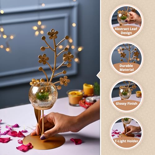 Image of Market99 Golden Glossy Leaf Design T-Light Holder |Single Metal Glass Abstract Tealight C&le Holder for Home, Office, Dining Table & Bedroom | Stylish Decorative Accessory for Festive Season & Parties