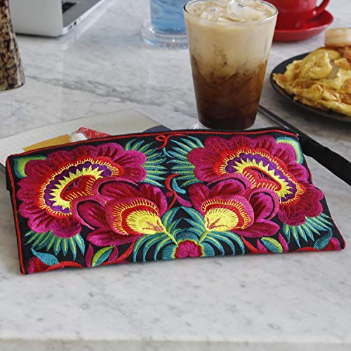 Image of Sabai Jai - Floral Embroidered Boho Clutch - Handmade Ethnic Flower Wristlet Purse