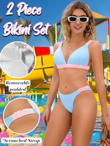 Women's Colorblock Bikini Set, High Cut Scrunch Strap Cheeky Cute 2 Piece Swimsuits for Summer Vacation2