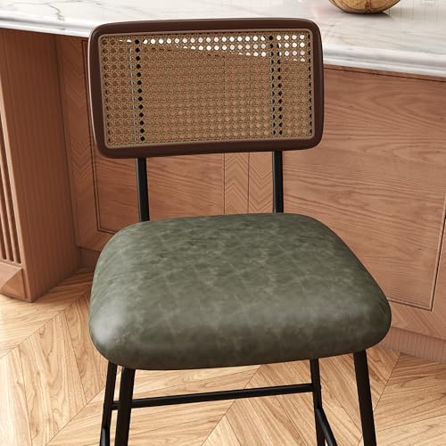 Image of Bar Stools Set of 4, 26 inch Modern Rattan Counter Height Bar Stools with Metal Legs, Upholstered Faux Leather Barstools with Cane Backrest for Kitchen Home Bar Restaurant, Green