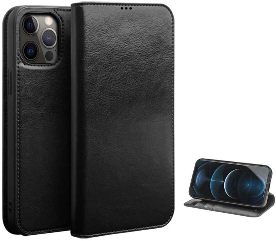 Béquille iPhone 13 Pro intégrée sur étui cuir noir avec porte-carte pour le quotidien
