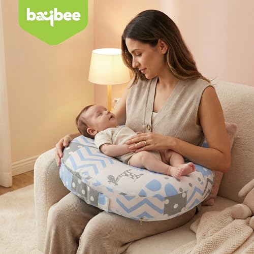 Image of BAYBEE Feeding Pillow for New Born Baby with Foldable Breastfeeding Cover | Ergonomic Feeding Cover for Nursing Mom with Adjustable Velcro | Nursing Pillow with Removable & Washable Covers (Blue)