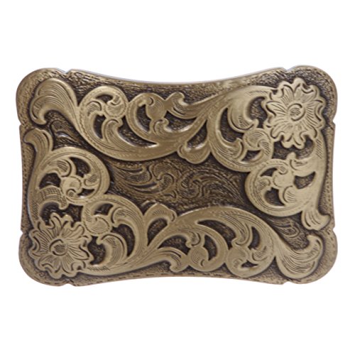 Western Solid Brass Engraved Rectangular Belt Buckle, Antique Brass