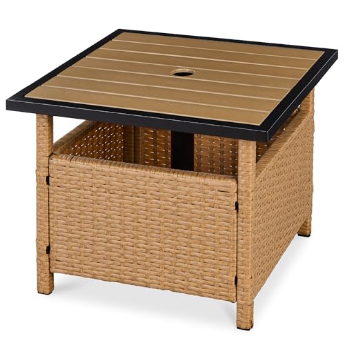 Best Choice Products Wicker Side Table with Umbrella Hole Square PE Rattan Outdoor End Table for Patio Garden Poolside Deck w/UV-Resistant Frame Storage Space - Natural