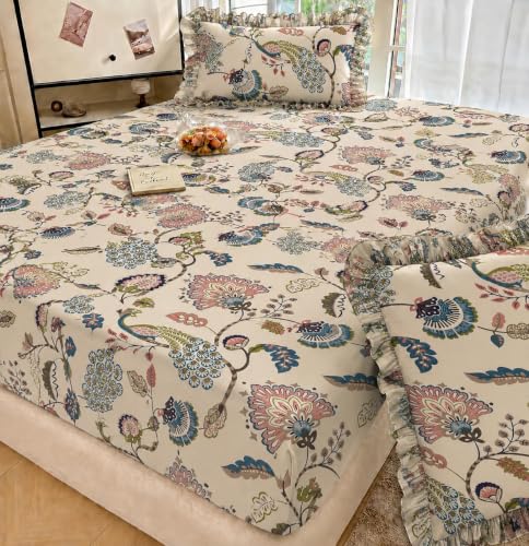 Image of Elastic Fitted King Size Bedsheet Cotton for Double Bed | 72 inchx78 inch +10 Inch, Floral, Soft & Breathable, Fade & Shrink Resistant, 2 Pillow Covers (Brown Pecock)