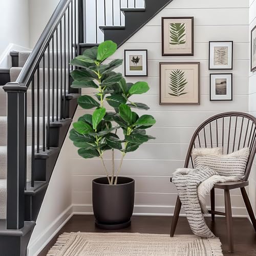 4FT Fiddle Leaf Fig Artificial Tree Faux Floor Plant with Black Planter Pot, Potted Fake Fiddle Leaf Fig Tree for Indoor Outdoor Home Office Decor