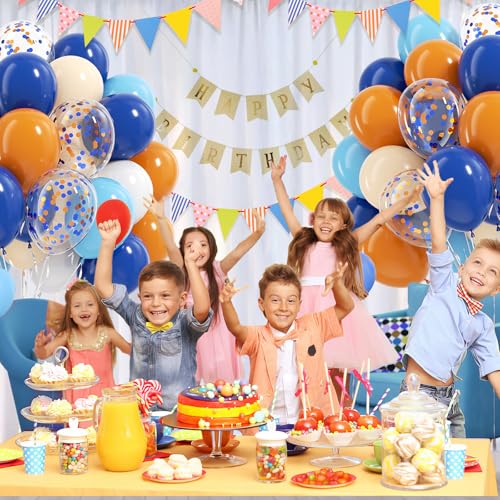 Image of BAUANOOY Blue and Orange Balloons, 60pcs 12 Inch Orange Blue White Nude Latex Balloon with Confetti Balloons Ribbon for Baby Shower Graduation Blue Birthday Party Decorations