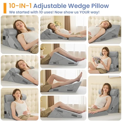Image of Sasttie Wedge Pillow Set for After Surgery, 2PCS Adjustable Bed Wedge Pillow Headboard with Memory Foam Neck Cushion - for Acid Reflux, Sleeping, Neck & Back Support, Velvet & Light Grey