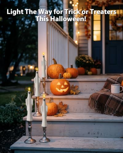 Image of Homemory 2 Pcs Real Wax Ghost Flameless Taper Candles, 3D Wick Flickering Led Candlesticks 9.6 Inch Battery Operated with Remote & Timer, Spooky Halloween Gothic Indoor Decor