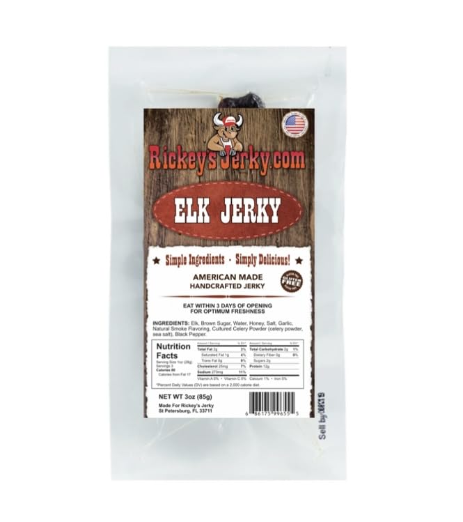 Rickey's Jerky, Elk, 100% Made From Solid Strips of Exotic Wild Game Jerky, All Natural Meat, High Protein snack, Keto Friendly, Gluten Free, Simple Ingredients, Perfect for Father's Day or that hard to buy for man. (Elk)