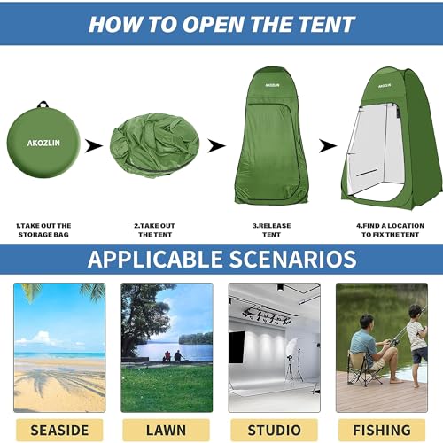 Image of AKOZLIN Portable Pop Up Shower Tent Instant Privacy Dressing Changing Outdoor Shower Room Camp Toilet Tent 47.2 inch Lx47.2 inch Wx74.8 inch H Green