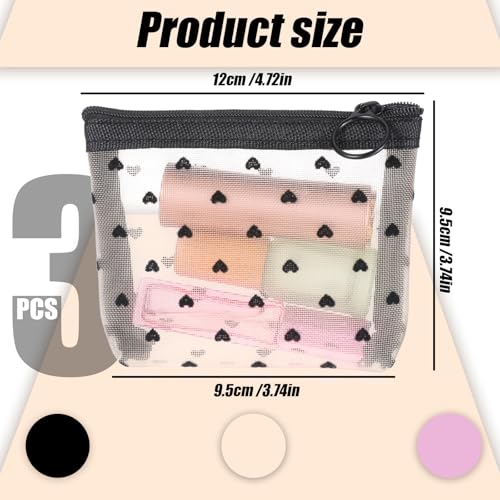3Pcs Mini Heart Mesh Makeup Bag with Zipper, Mesh Cosmetic Bags Heart Print Zipper Pouch Travel Accessories Storage Small Purse Bag for Women Lipstick Makeup Organizer 3 Colors2