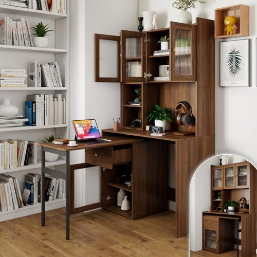 KEIKI L Shaped Home Office Desks with 90° Rotating Retractable Desktop, Glass Door, Hutch, Drawers, Bookshelf & Storage Shelves, Modern Gaming Computer Corner Table for Work, Study, Writing, Walnut
