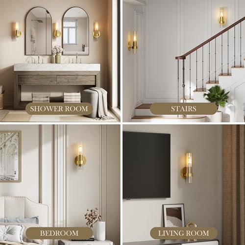 Image of Wall Sconce Set of Two, Hardwired Bathroom Wall Sconces Lighting with Clear Glass, Modern Wall Sconces Set of 2 Wall Light fixtures for Bathroom Mirror Living Room Hallway Bedroom(Gold)
