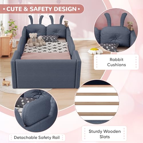 Image of Twin Size Kids Bed with Rabbit Cushions, Upholstered Boucle Fabric Platform Floor Twin Daybed with Removable Side Rail, Space-Saving Wooden Corner Sofa Couch Bed Frame for Girls, Boys, Teenager(Grey)