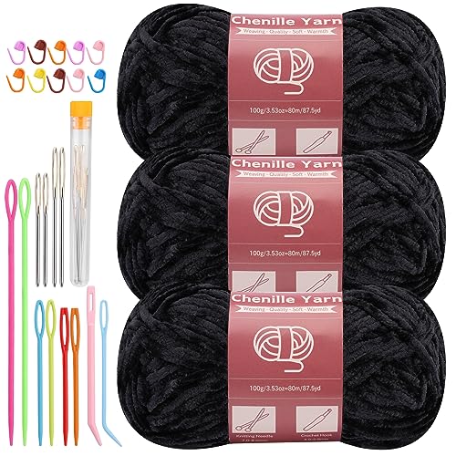 Image of LUNARM Chenille Yarn 3 Pack 3.5oz Chunky Blanket Velvet Yarn 263 Yard | Black Chunky Chenille Yarn for Beginners Crocheting Hand Knitting Scarves with Big Eye Needles Machine Washable