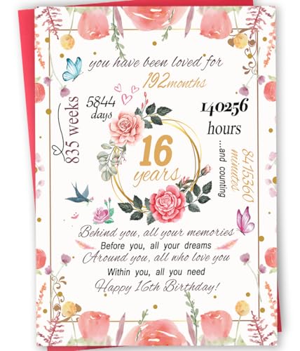Funny 16th Birthday Card, Sweet 16 Year Old Birthday Gifts for Daughter Niece Granddaughter Sister, Lovely 16th Birthday Decorations for Girls, Unique Sixteen Bday Card