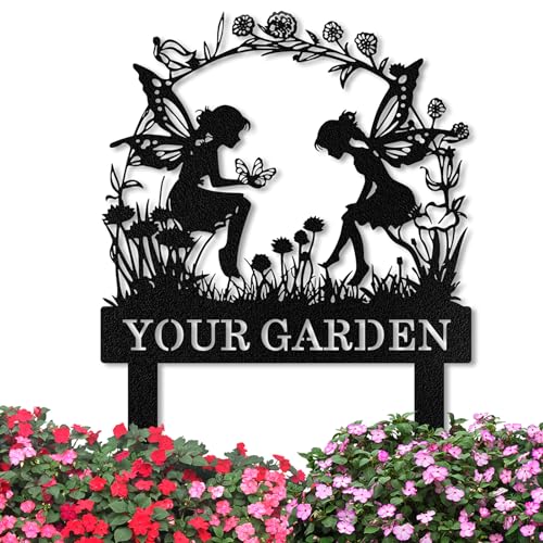 Personalized Garden Signs for Outdoor, Custom Fairy Garden Signs Metal with Stake Waterproof, Customized Metal Name Sign, Home Patio Yard Decoration Lawn Art