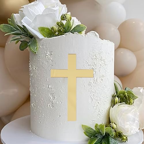 Golden Cross Cake Topper - First Holy Communion Party Decorations Acrylic Cross Cake Topper Photo Props God Bless Baptism Centerpiece Religious Birthday Wedding Party Decorations