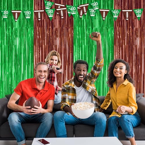 2 Pack Football Party Decorations, 3.28 FT x 7.05 FT Tinsel Backdrop, Brown Green Foil Fringe Curtains Metallic Party Streamer, Football Party Supplies Game Day Decorations 2025 - Image 3