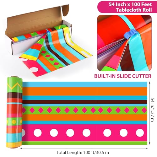 Image of Kochorie 100 Ft x 54 Inch Mexican Fiesta Party Tablecloth Roll with Cutting Box Disposable Plastic Mexican Striped Table Cover Backdrop for Fiesta Taco Party Supplies