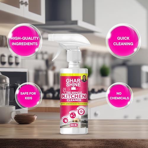 Image of GharShine Kitchen Cleaner Spray 500ML With Lemongrass Fragrance | Removes Tough Oils & Grease Stains | Best Home & Chimney Cleaner Spray | Suitable For Countertops, Stoves, Cabinets & Fans | PK Of 1