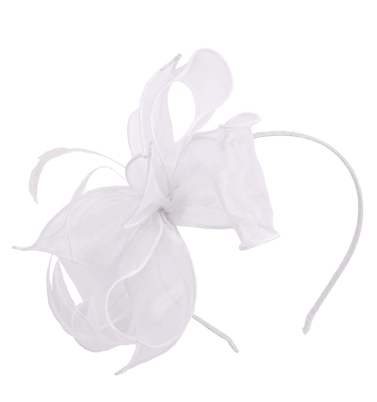 FELIZHOUSE Satin Feather Fascinator Hats Headband for Women, Wedding Cocktail Tea Party Royal Ascot Church Head Piece, Costume Hair Accessories (#3 Organza Headband White)