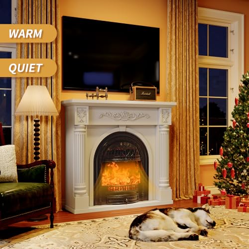 Image of 45 Inch Electric Fireplace with Mantel, Solid Wood Fireplace TV Stand, Roman Column Fireplace Entertainment Center, Electric Fireplace Heater with Black Birdcage Insert for Living Room, White
