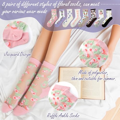 Suhine 8 Pairs Floral Sheer Sock Women Embroidered Jacquard Crystal Glass Socks Thin Mesh Lace for Summer3