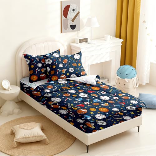 Image of Kids Comforter Set,Zipper Bedding Twin for Boys,Football Printed Comforter Set with Soccer Basketball Fitted Sheets and Pillowcases for All Season(Tennis)