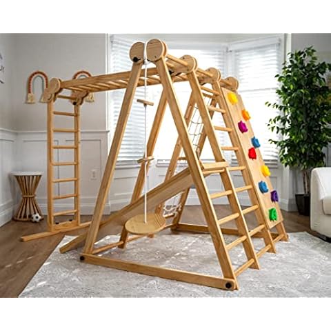 Avenlur Chestnut 8-in-1 Indoor Foldable Playset for Kids - with Slide, Climbing Wall, Monkey Bars, Swing Cover