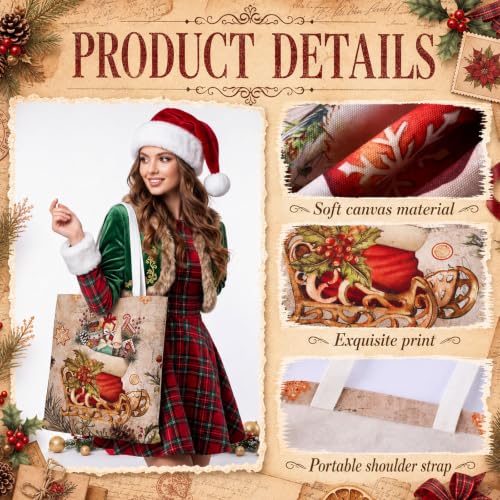 Image of Paterr 12 Pcs Vintage Christmas Canvas Tote Bags Bulk Reusable Retro Christmas Gift Bags with Handles Xmas Tree Santa Claus Cardinal Canvas Handbags for Women Xmas Gifts Farmhouse Party Decor Supplies