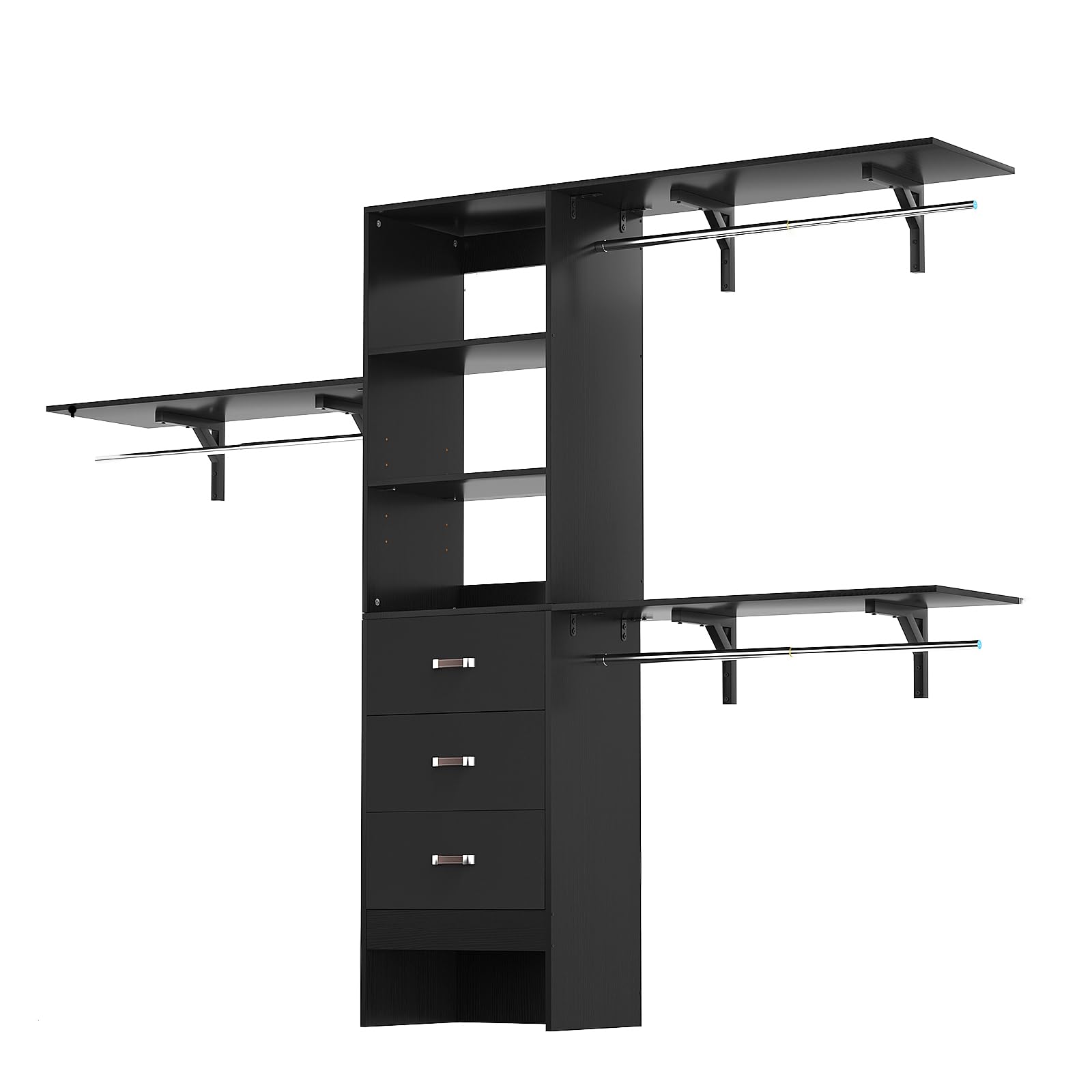 8FT Closet System, 96'' Closet Organizer System with 3 Hanging Rods, Wall Mount Bedroom Wardrobe with 3 Drawers Walk-in Closet, Adjustable Cloth Garment Rack from 5 to 8FT (Cut to Fit), Black