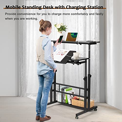 Image of Hadulcet Stand Up Desk, Rolling Desk Adjustable Height, Mobile Standing Desk with Wheels & Charging Station, Portable Stand for Laptop, Rolling Computer Cart TV Tray, Small Standing Desk Drawing Table
