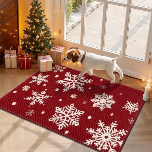 SHACOS Weihnachten Fußmatte Innen Fussmatte Aussen Schmutzfangmatte, Schlingenflor rutschfeste Fußabtreter, Fussmatten Haustür, Eingangsteppich, Geschenke zur Weihnachtsdekoration, Schnee, 50 x 80 cm