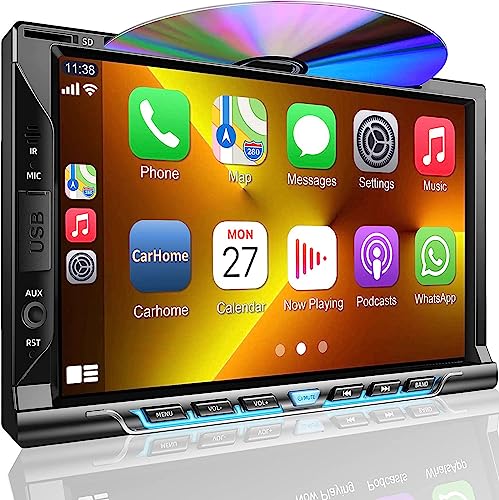 Double Din Car Stereo with CD/DVD Player, Apple CarPlay/Android Auto 7” Double din Radio with Backup Camera, Mirror Link, Bluetooth, AM FM Radio Receiver, SWC, Subwoofer, USB/TF/AUX…