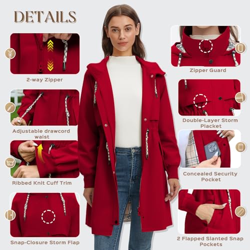 Kikono Women's Lightweight Red Waterproof Rain Jacket with Adjustable Features and Cozy Lining - Image 4