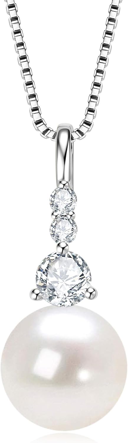 Pearl Necklaces for Women, Sterling Silver Freshwater Single Pearl Pendant Necklace, Anniversary Birthday Wedding Jewelry Gifts for Her