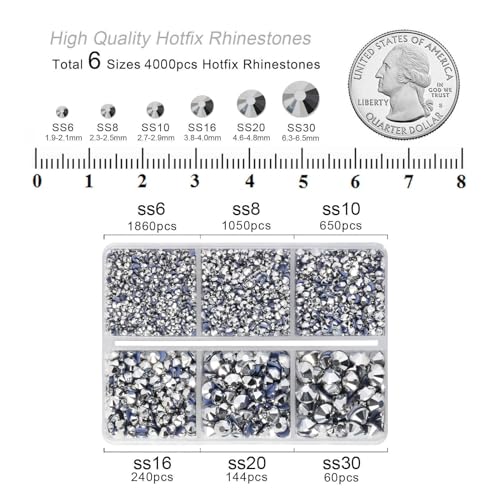 Image of BEADSLAND Hotfix Rhinestones, 4000 PCS Silver Rhinestones for Clothes Crafts Mixed 6 Sizes with Wax Pencil and Tweezers Kit, SS6-SS30, Silver Hematite