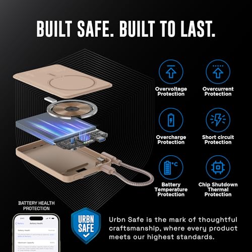 Image of URBN One Premium MagSafe Power Bank 5000mAh | 15W Fast Magnetic Wireless Charging | Built-in Detachable Type C Cable | Dual Port with Pass Through Charging (Mocha)