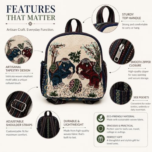 Image of Elephant Print Canvas Tote Bag for Women, Ethnic Shoulder Handbag with Multicolor Elephant Design, Dual Handle Everyday Carry Bag for Shopping, Office, College, Travel & Daily Use