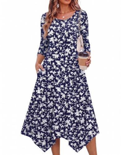 Image of Zeagoo Midi Dresses Women 2026 Dress 3 /4 Sleeve Casual Dresses with Pockets A Line Summer Beach Sundress
